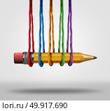 Education support together as a learning diversity community helping as a diverse group as a pencil being supported by different ropes with 3D illustration elements. Стоковое фото, агентство Ingram Publishing / Фотобанк Лори