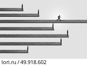 Business people race and businesspeople competition concept as a group of businessmen and businesswomen stopped by a restricted path with one leader running on an open pathway with 3D illustration elements. Стоковое фото, агентство Ingram Publishing / Фотобанк Лори