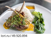 Grilled Lamb steak with spicy yellow sause and green vegetable on jasmine rice. . Стоковое фото, агентство Ingram Publishing / Фотобанк Лори
