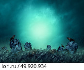 Spooky cemetery and dark gloomy graveyard as a creepy haunted burial grave background at night with 3D render elements. Стоковое фото, агентство Ingram Publishing / Фотобанк Лори