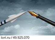 War versus diplomacy as a missile bomb in conflict with a diplomatic pen as a metaphor for negotiating peace through international diplomat agreement. Стоковое фото, агентство Ingram Publishing / Фотобанк Лори