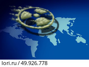 Nuclear fallout radioactive cloud over the world as a gas shaped as a radiation icon drifting over a symbol of the planet in a 3D illustration style. Стоковое фото, агентство Ingram Publishing / Фотобанк Лори
