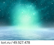 Magical winter background as a fantasy snow landscape with an arctic northern Aurora Borealis natural illumination in a 3D illustration style. Стоковое фото, агентство Ingram Publishing / Фотобанк Лори
