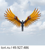 Business creative freedom as a leader flying with wings made of pencils as an imagination journey to creativity success with 3D illustration elements. Стоковое фото, агентство Ingram Publishing / Фотобанк Лори