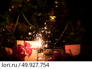 Christmas holding bengal burning sparkler light. Стоковое фото, агентство Ingram Publishing / Фотобанк Лори