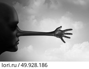 Harassment lie as a guilty person who sexually assaults or abuses as a human head with a liar long nose with a grabbing groping hand in a 3D illustration style. Стоковое фото, агентство Ingram Publishing / Фотобанк Лори