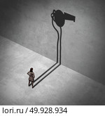 Female whistleblower and workplace legal complainer as a woman standing with a shadow of a whistle as an exposing work crime metaphor with 3D illustration elements. Стоковое фото, агентство Ingram Publishing / Фотобанк Лори