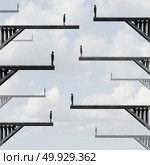 Business connection strategy as a group of divided diverse people on broken bridges  as a corporate metaphor for the challenges of connecting with 3D illustration elements. Стоковое фото, агентство Ingram Publishing / Фотобанк Лори