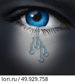 Internet and depression or cyberbullying technology and texting risk concept as a human eye crying with a tear shaped as a computer circuit in a 3D illustration style. Стоковое фото, агентство Ingram Publishing / Фотобанк Лори