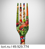 Eat healthy food symbol as nuts beans vegetables fruit fish shaped like a dinner fork as a health nutrition and fresh market produce metaphore with 3D illustration elements. Стоковое фото, агентство Ingram Publishing / Фотобанк Лори