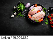 Fresh raw chicken meat, fillet marinated with spices, onion and tomatoes on black background. Top view. Стоковое фото, агентство Ingram Publishing / Фотобанк Лори