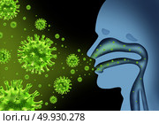 Flu virus spread caused by influenza with human symptoms of fever infecting the nose and throat as deadly microscopic microbe cells with 3d illustration elements. Стоковое фото, агентство Ingram Publishing / Фотобанк Лори