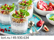 Layered chia pudding parfait with kiwi fruit, pomegranate, granola and yogurt, healthy breakfast. Стоковое фото, агентство Ingram Publishing / Фотобанк Лори