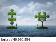 International trade challenge and global commerce puzzle as two people on seperate islands  with trees shaped as a jigsaw piesces with 3D illustration elements. Стоковое фото, агентство Ingram Publishing / Фотобанк Лори