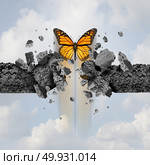 Idea of strength and unstoppable power concept as a butterfly breaking through a cement wall in a 3D illustration style. Стоковое фото, агентство Ingram Publishing / Фотобанк Лори