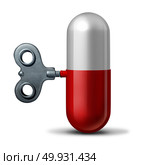 Pharmaceutical and pharmacy industry symbol as a winding key on a medication pill and capsule as a 3D illustration. Стоковое фото, агентство Ingram Publishing / Фотобанк Лори