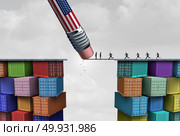 American trade sanctions and economic obstruction or trade war as an American pencil erasing a business link to imports as a protectionism symbol as a 3D illustration. Стоковое фото, агентство Ingram Publishing / Фотобанк Лори