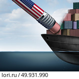 American trade deficit reduction and economic sanctions or trade war as an American ppencil erasing imports as a protectionism business symbol as a 3D illustration. Стоковое фото, агентство Ingram Publishing / Фотобанк Лори