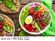 Buddha bowl dish with boiled egg, chickpea, fresh tomato, sweet pepper, cucumber, savoy cabbage, red onion, green sprouts, spinach leaves, walnuts, chia and rice. Healthy lunch, dinner. Detox diet. Стоковое фото, агентство Ingram Publishing / Фотобанк Лори