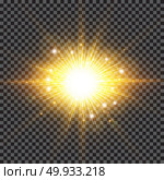 Lighting effect sparkling sun rays burst with splinter flare on transparent background. Vector illustration. Стоковая иллюстрация, агентство Ingram Publishing / Фотобанк Лори