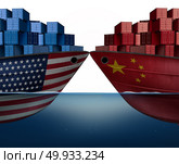 China United States trade war and American tariffs or Chinese tariff as two cargo ships as an economic  taxation dispute over import and exports concept as a 3D illustration. Стоковое фото, агентство Ingram Publishing / Фотобанк Лори
