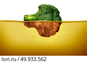 Deep fry cooking and fried food concept as a green raw broccoli and a cooked battered half under hot oil as a cuisine symbol for healthy and unhealthy eating in a 3D illustration style.. Deep Fry. Стоковое фото, агентство Ingram Publishing / Фотобанк Лори