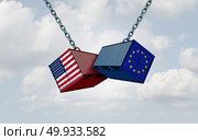 Europe USA trade war and American tariffs as two opposing cargo freight containers in European Union economic conflict as a dispute over import and exports as a 3D illustration.. Europe United States Tariff War. Стоковое фото, агентство Ingram Publishing / Фотобанк Лори