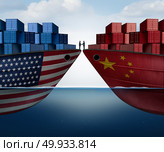 China United States trade agreement and American tariffs as two opposing cargo ships as an economic taxation dispute resolution over import and exports as a 3D illustration.. China United States Trade Agreement. Стоковое фото, агентство Ingram Publishing / Фотобанк Лори