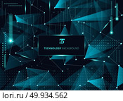 Abstract technology blue triangles and low polygon with lines connecting dots structure and elements on dark background. Vector illustration. Abstract technology blue triangles and low polygon with lines co. Стоковая иллюстрация, агентство Ingram Publishing / Фотобанк Лори
