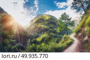 Amazing scene with Himalayan mountains covered green grass and trees, blue cloudy sky with sun, clouds and beautiful path in Nepal at sunset. Panoramic landscape .Mountain valley. Travel in Himalayas. Himalayan mountains covered green grass and trees ay sunset. Стоковое фото, агентство Ingram Publishing / Фотобанк Лори