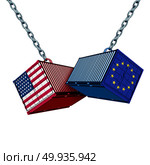 European American trade war and Europe USA tariff dispute as two opposing cargo freight containers as a Euro economic conflict over import and exports isolated as a 3D illustration.. European American Trade War. Стоковое фото, агентство Ingram Publishing / Фотобанк Лори