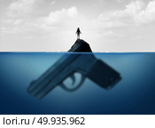 Gun concept as a child standing on a giant firearm submerged in water as a symbol for guns and violence and the risk of weapons on vulnerable children with 3D illustration elements.. Gun Concept. Стоковое фото, агентство Ingram Publishing / Фотобанк Лори