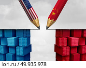 China United States trade solution and American tariffs as two opposing pencils as an economic  taxation dispute agreement over import and exports concept as a 3D illustration.. China United States Trade Solution. Стоковое фото, агентство Ingram Publishing / Фотобанк Лори