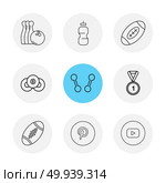 bowling , medal , rugby , pintrest , dumbell , sports , games , fitness , athletics , football , bodybuilding , snooker , ball , cricket , tennis , stopwatch , golf  , social , media , icon, vector, design,  flat,  collection, style, creative,  icons. Стоковая иллюстрация, агентство Ingram Publishing / Фотобанк Лори
