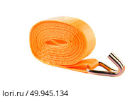 Orange lashing strap with metal ratchet and hook, displayed on clean white background. Used for securing cargo during transport. Стоковое фото, фотограф Татьяна Терехина / Фотобанк Лори