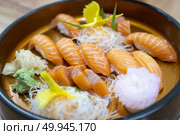 Sashimi salmon set, raw fish, japanese food.(Selective focus) Стоковое фото, агентство Ingram Publishing / Фотобанк Лори