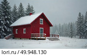 A red wooden house in a snowy landscape, standing on a snowy plain surrounded by trees, soft diffused light, frontal view. Стоковое AI-видео, аниматор Sergey Grishin / Фотобанк Лори