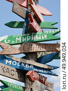 Крупный план разноцветных деревянных стрелок-указателей с названиями городов, прибитых к столбу на горе Машук в Пятигорске (2024 год). Редакционное фото, фотограф Евгений Ковальский / Фотобанк Лори