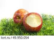 Part of the bitten apple lying on green grass. Стоковое фото, агентство Ingram Publishing / Фотобанк Лори