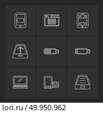 battery , wifi , network , infrared , signals , web , user interface , usb , battery cells , mobile , uploading , downloading , internet , icon, vector, design,  flat,  collection, style, creative,  icons. Стоковая иллюстрация, агентство Ingram Publishing / Фотобанк Лори