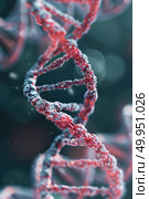 A detailed view of DNA strands with a focus on their intricate double helix structure. Стоковое AI-изображение, AI-художник Данила Большаков / Фотобанк Лори