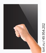 Hand on Realistic tablet pc computer with blank screen. Стоковое фото, агентство Ingram Publishing / Фотобанк Лори