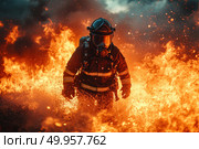 A dramatic and powerful image of a professional firefighter in full gear walking through raging flames. The bright orange flames engulf the entire scene, highlighting the danger and heroism of the moment. The rescuer is wearing a fire-resistant suit, helmet and oxygen mask, demonstrating determination and readiness to fight the emergency. The flaming environment and dark sky in the background create a tense, almost cinematic atmosphere. Ideal for themes of safety, heroism, professions, rescue operations, disasters and firefighting. Стоковое AI-изображение, AI-художник Анна Кривицкая / Фотобанк Лори