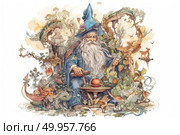 A charming fantasy-style watercolor illustration of a kindly old wizard in a blue robe and pointed hat. He sits surrounded by fairy-tale creatures, birds, foliage, magic potions and artifacts. His long white beard flows down to his knees, and in his hands he holds a magic staff and a wooden spoon. Behind him is a fairy-tale forest filled with details: mushrooms, trees, animals and mysterious buildings. The illustration is rich in detail and evokes associations with magic, nature, fairy tales and children's fantasy. Стоковое AI-изображение, AI-художник Анна Кривицкая / Фотобанк Лори