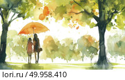 A painting depicting two individuals walking together under an umbrella, sheltered from the rain. The figures are in motion, with the umbrella protecting them from the elements. Стоковое AI-изображение, AI-художник Данила Большаков / Фотобанк Лори