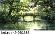 A painting depicting a bridge spanning a river, with lush trees along the banks and the water flowing underneath. Стоковое AI-изображение, AI-художник Данила Большаков / Фотобанк Лори