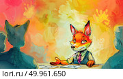 A painting of a fox dressed in a suit sitting at a table, portraying a whimsical scene of an anthropomorphic animal in formal attire. Стоковое AI-изображение, AI-художник Данила Большаков / Фотобанк Лори