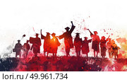 Silhouettes of jubilant graduates with caps in hand against a vibrant watercolor sunset. Стоковое AI-изображение, AI-художник Данила Большаков / Фотобанк Лори