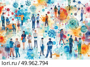 Diverse group of individuals united, standing side by side in a row. Various ages, genders, and ethnicities. Social interaction and unity displayed. Стоковое AI-изображение, AI-художник Данила Большаков / Фотобанк Лори