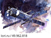 Satellite floating in space surrounded by stars and galaxies. Стоковое AI-изображение, AI-художник Данила Большаков / Фотобанк Лори